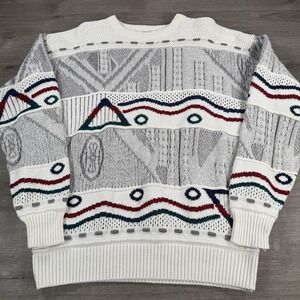 Vintage London Fog Sweater Mens Large White Geometric 3D Knit Pullover USA 90s
